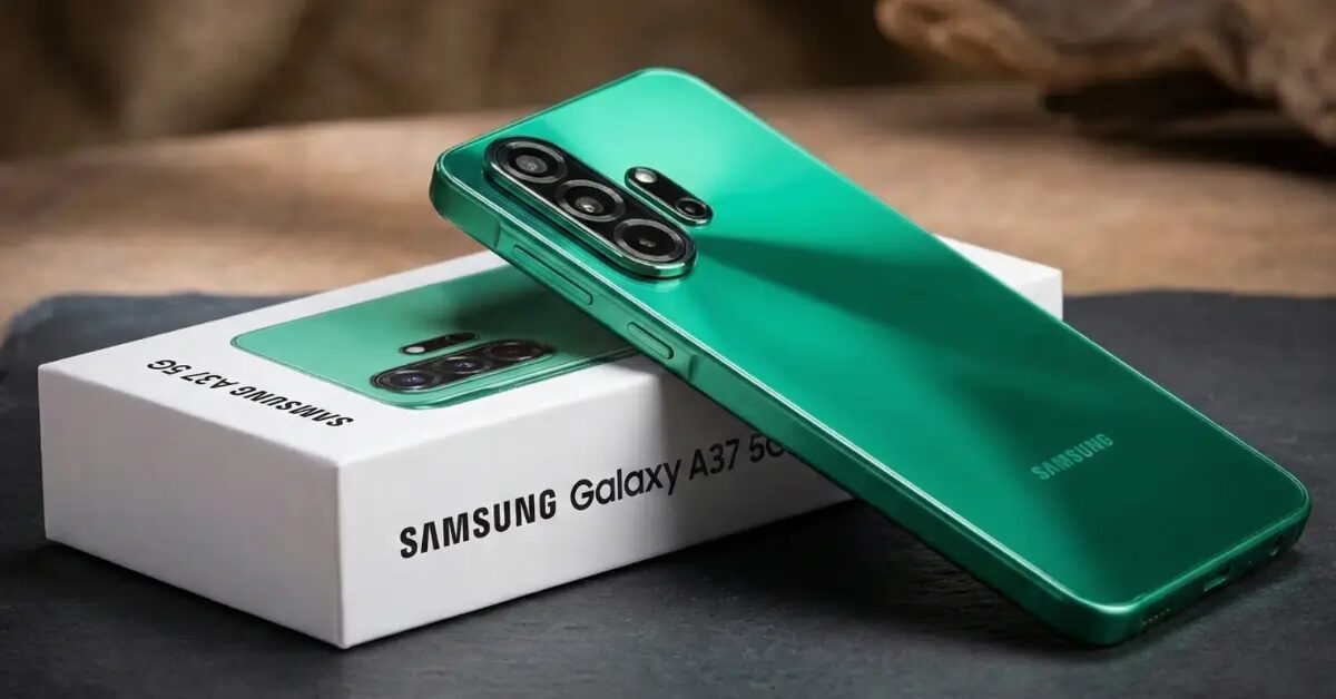 Зеленый Samsung Galaxy A37 на белой коробке, смартфон с улучшенной камерой