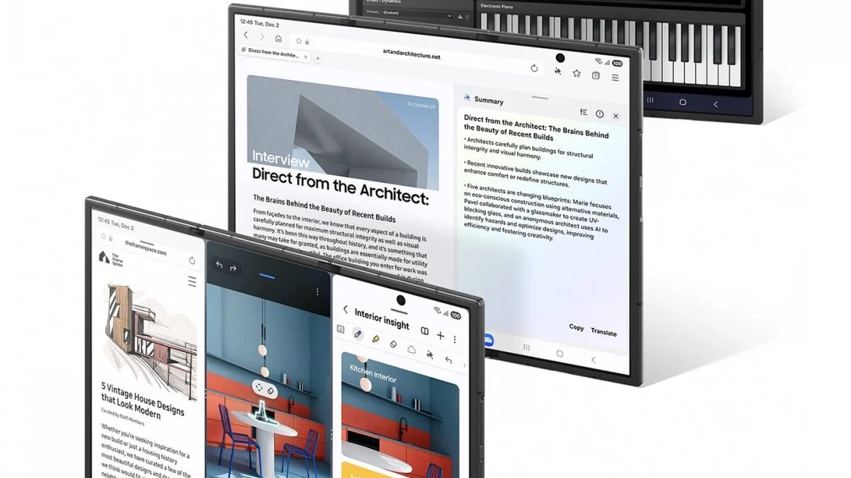 Гибкий смартфон Samsung Galaxy Z TriFold на дисплее с интерфейсом приложений