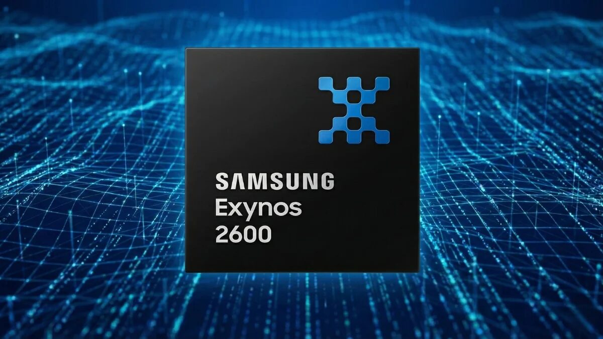 Чип Samsung Exynos 2600 (2 нм) с архитектурой процессора на фоне цифровых схем
