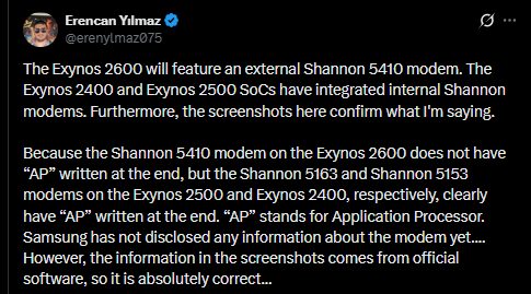 Экран Samsung Galaxy S26 с процессором Exynos 2600 и внешним модемом изображен сбоку