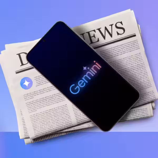 smartphone displaying the gemini logo placed on top of a newspaper