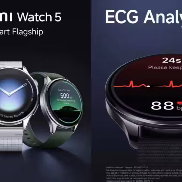 смарт-часы Xiaomi Watch 5 с изображением циферблатов и экрана ЭКГ