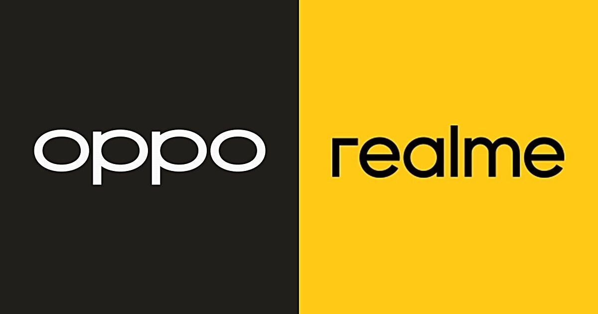Логотипы Oppo и Realme на разделённом фоне в чёрном и жёлтом цветах