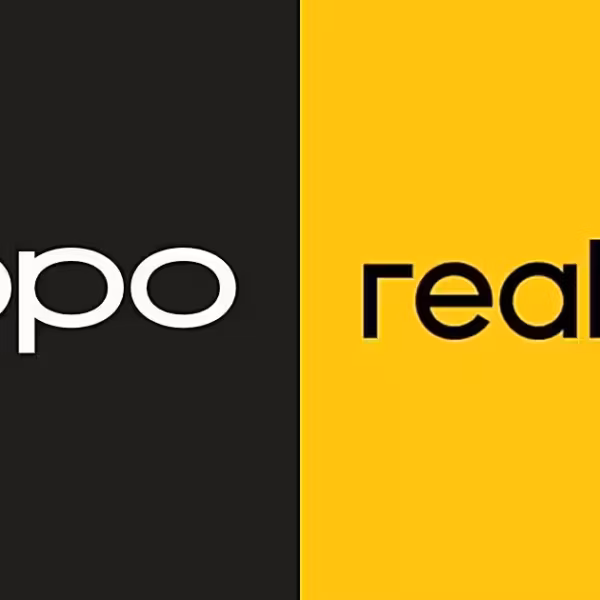 Логотипы Oppo и Realme на разделённом фоне в чёрном и жёлтом цветах