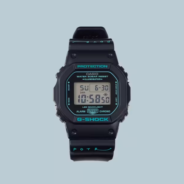 Цифровые часы G-Shock x Porter DW-5600 с черным корпусом и бирюзовыми надписями
