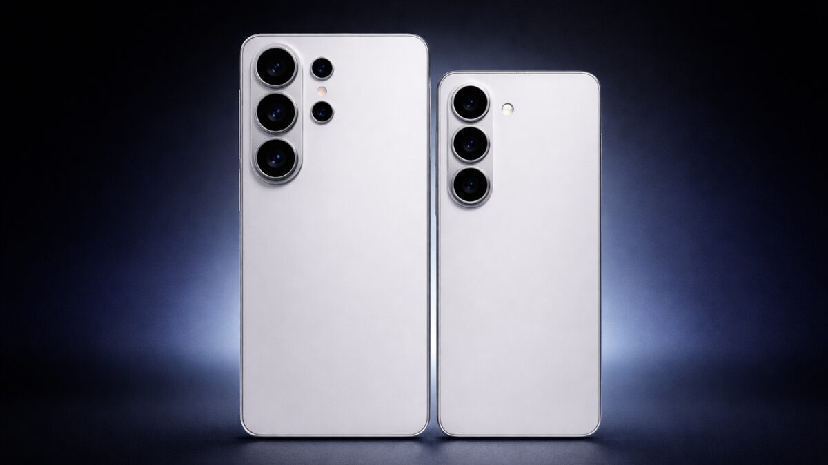 Два серых смартфона с четырьмя камерами на задней панели