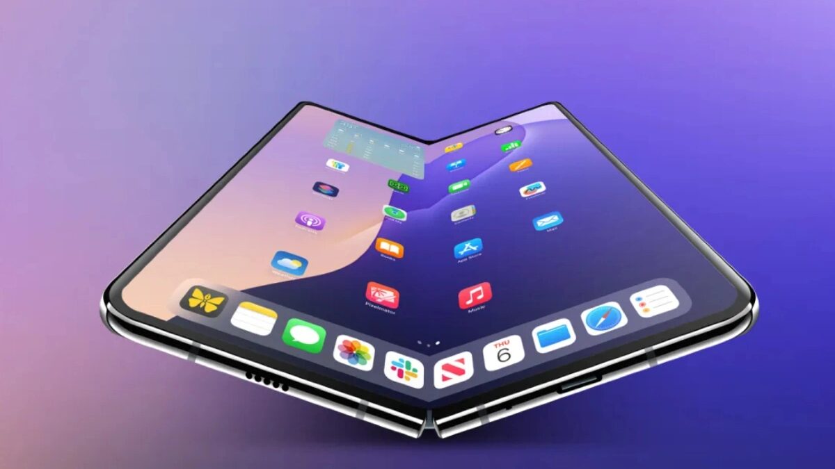 Сгибающийся смартфон с дисплеем и иконками приложений