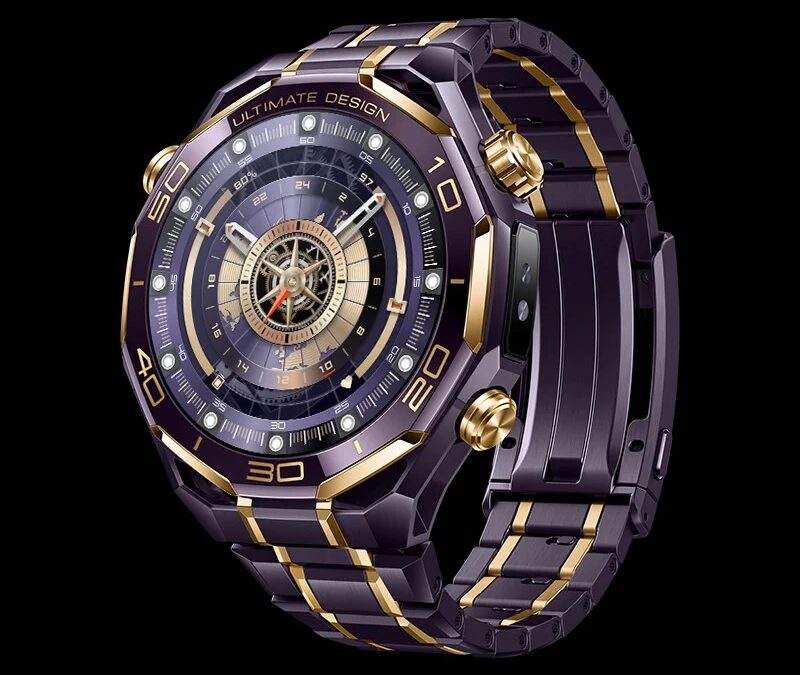 Элегантные часы Huawei Watch Ultimate Design Royal Gold с черным корпусом и золотыми акцентами сбоку и на браслете