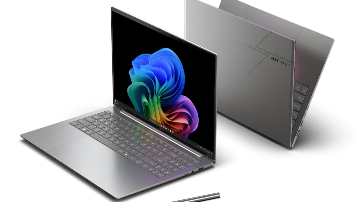 Ноутбук Acer Swift 16 AI в открытом состоянии с клавиатурой и стилусом