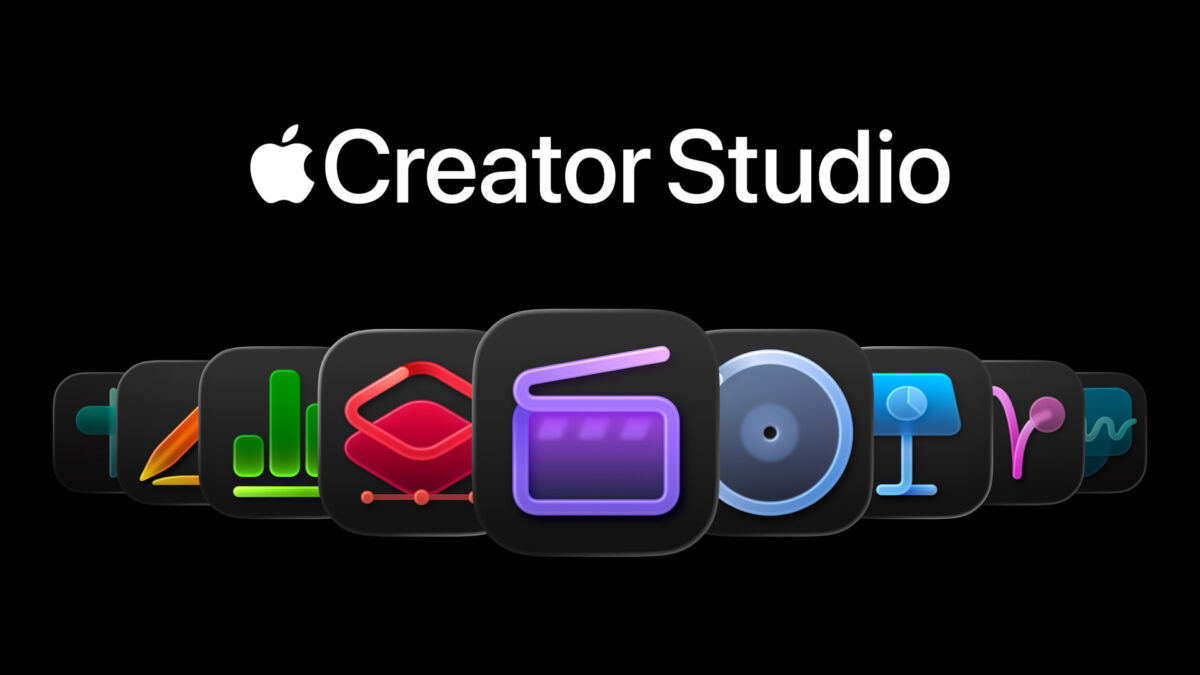 Главный экран Apple Creator Studio с логотипом Apple и иконками творческих приложений на черном фоне