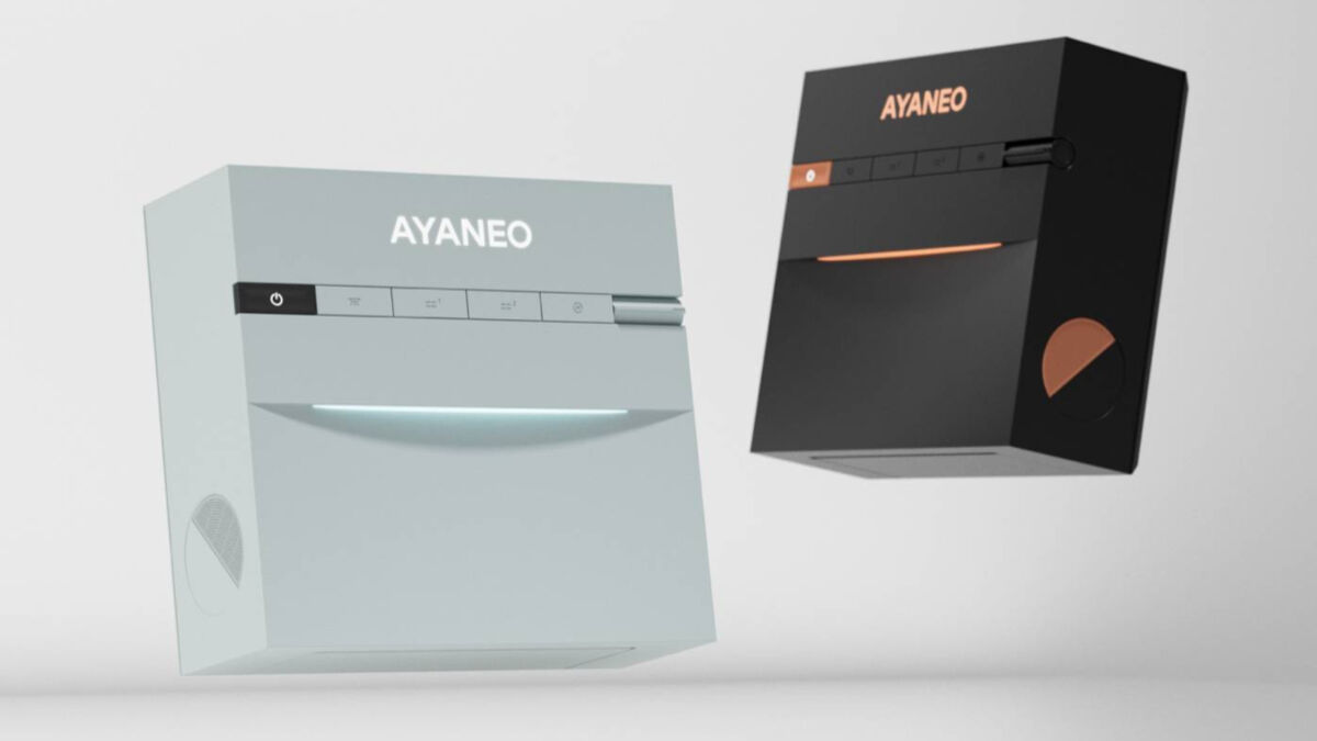 Мини-ПК Ayaneo AM03 с чёрным корпусом и портами на боковой панели