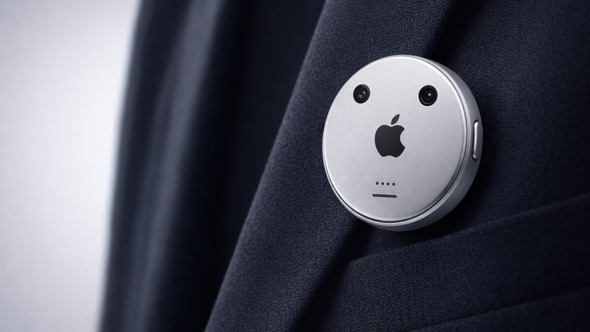 Концепт Apple AI pin: iPhone с умным значком Apple на синем фоне