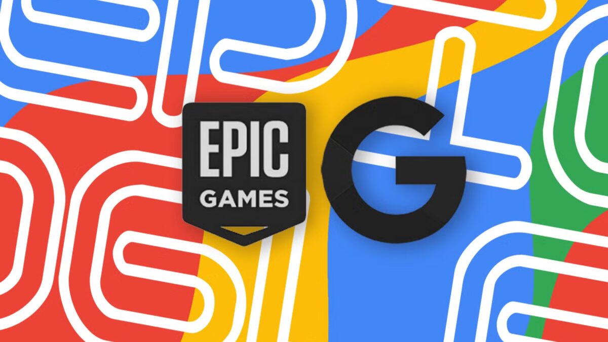 Логотипы Google и Epic Games на ярком фоне с цветными линиями