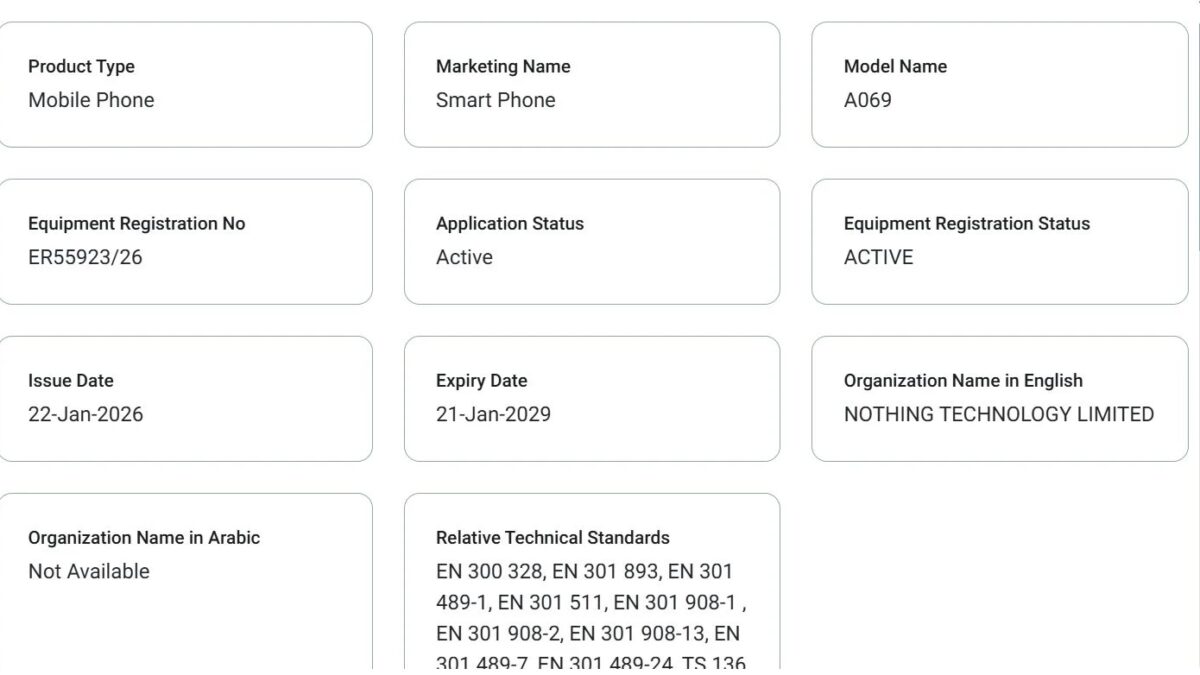 Информация о сертификации Nothing Phone 4a на ОАЭ с деталями регистрации и стандартов