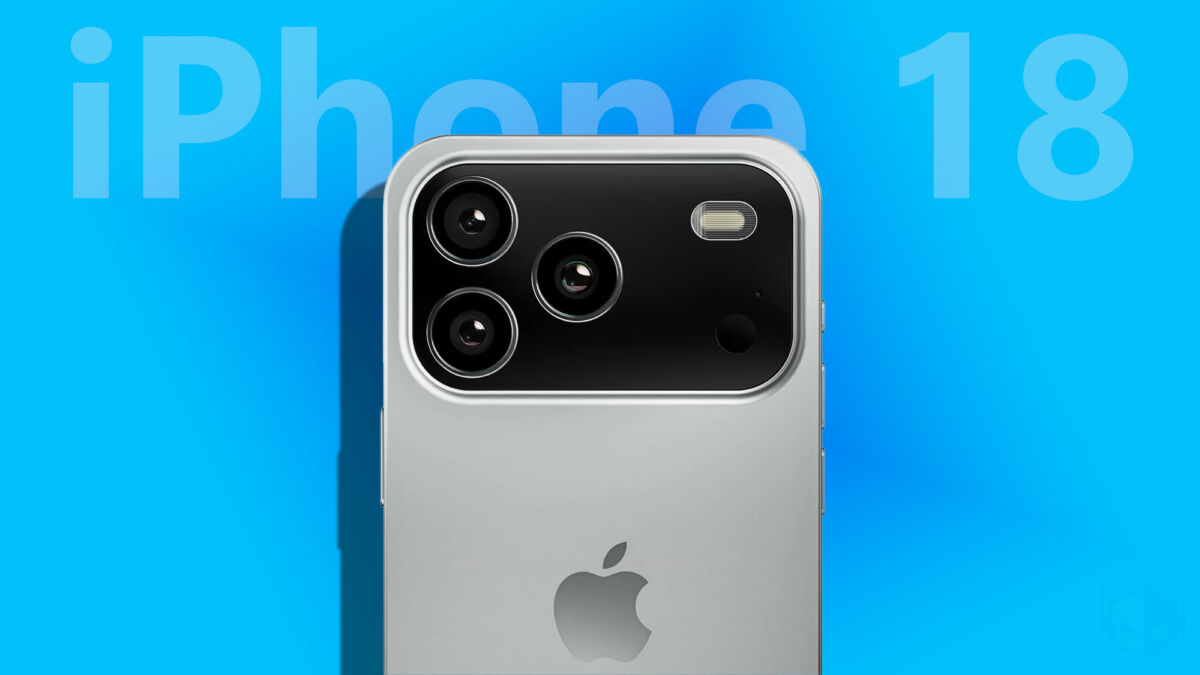 Задняя панель iPhone 18 с тремя камерами, крупным логотипом Apple и увеличением модуля