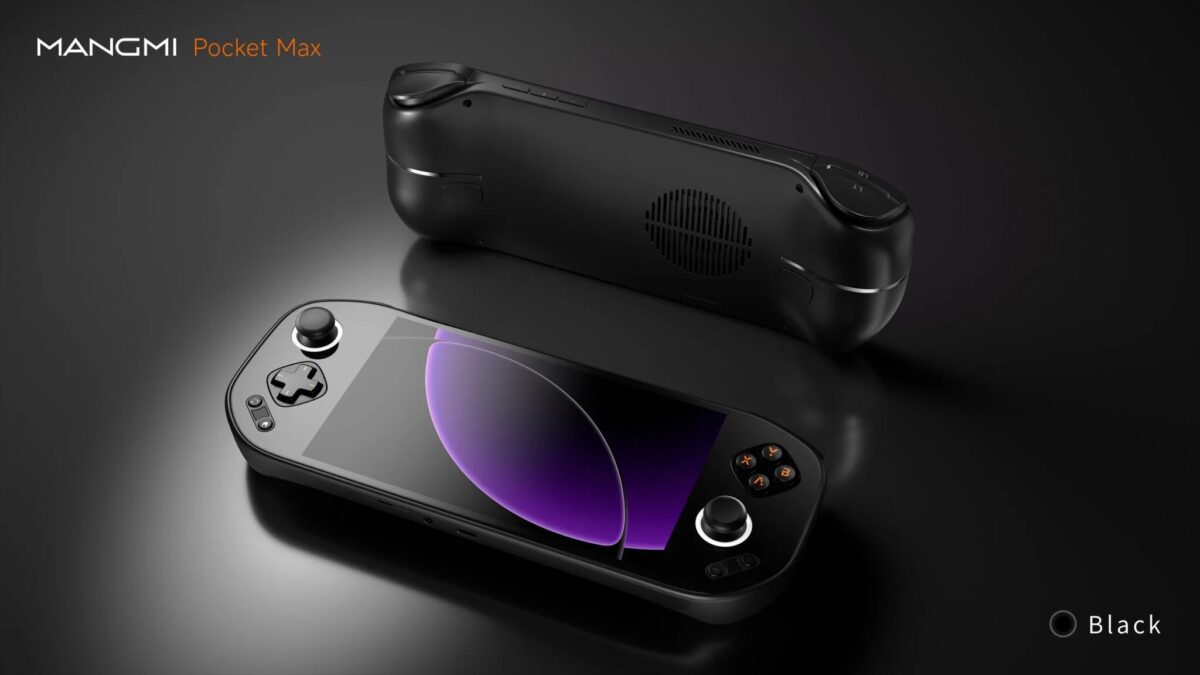 Портативная игровая консоль Mangmi Pocket Max с черным корпусом изображена сверху и спереди