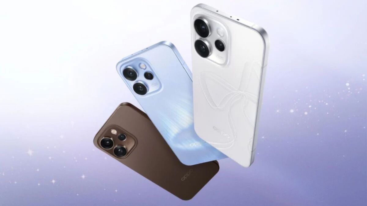 Три смартфона OPPO Reno15 Pro Mini с тройной камерой и цветными корпусами на анонсе