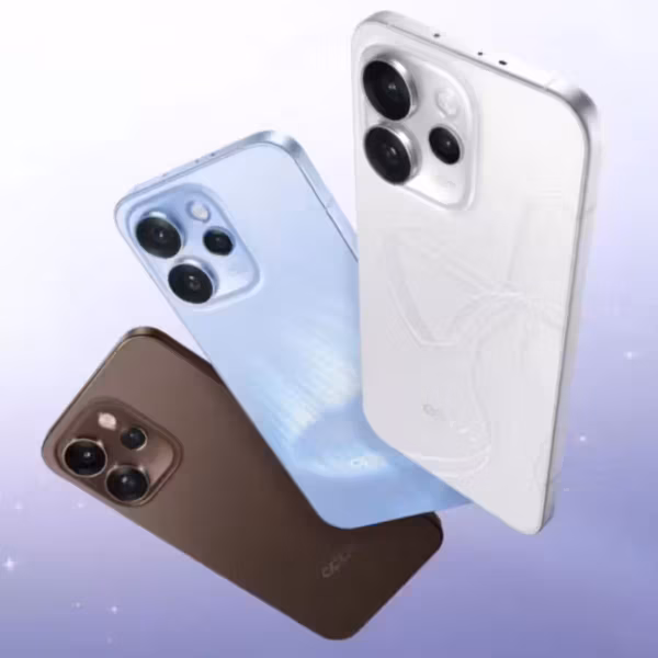 Три смартфона OPPO Reno15 Pro Mini с тройной камерой и цветными корпусами на анонсе