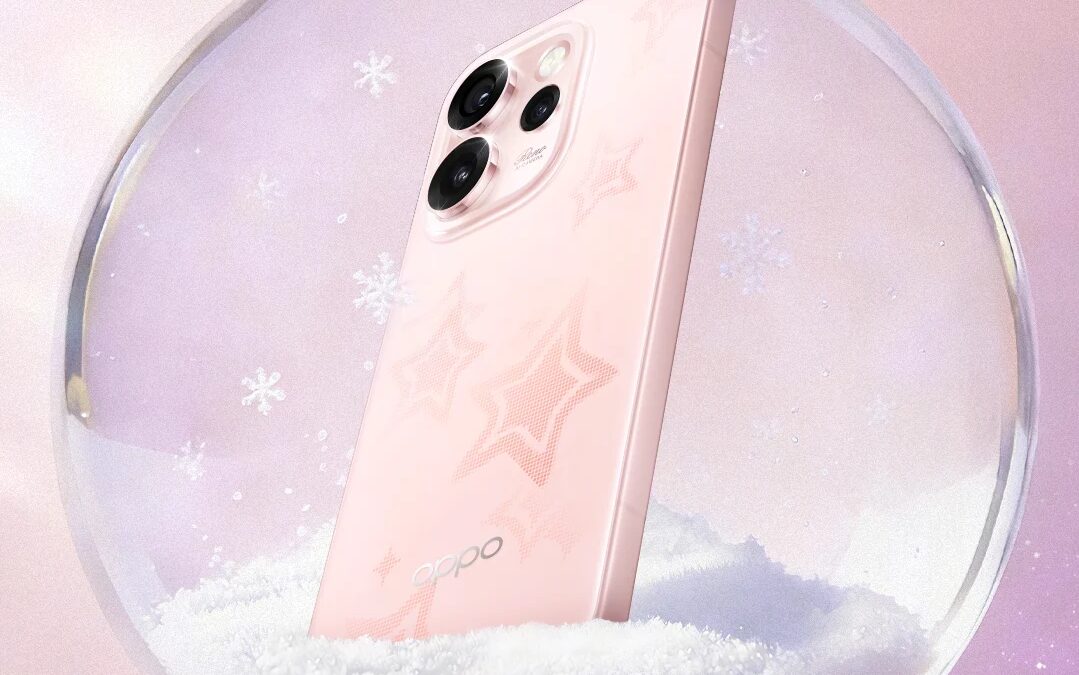 Розовый смартфон Oppo Reno 16 внутри стеклянной снежной шара