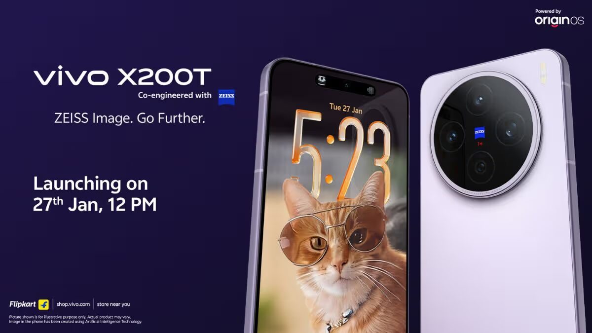 Промо Vivo X200T: фронтальная и задняя панели смартфона с упоминанием ZEISS и чипа Dimensity 9400+