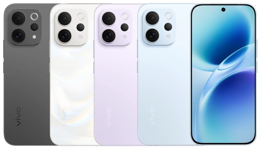 Изображение четырех цветов Vivo V70 и V70 Elite сзади и экрана с вырезом для камеры спереди
