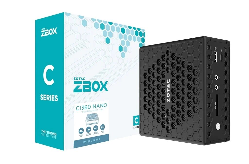 Мини-ПК Zotac Zbox CI360 nano с портами на передней панели и установленной Windows