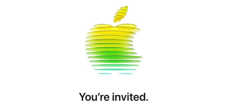 Логотип Apple на приглашении к презентации 4 марта с цветными горизонтальными линиями