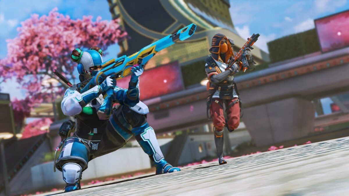 Два персонажа из Apex Legends на фоне цветущей сакуры на Nintendo Switch