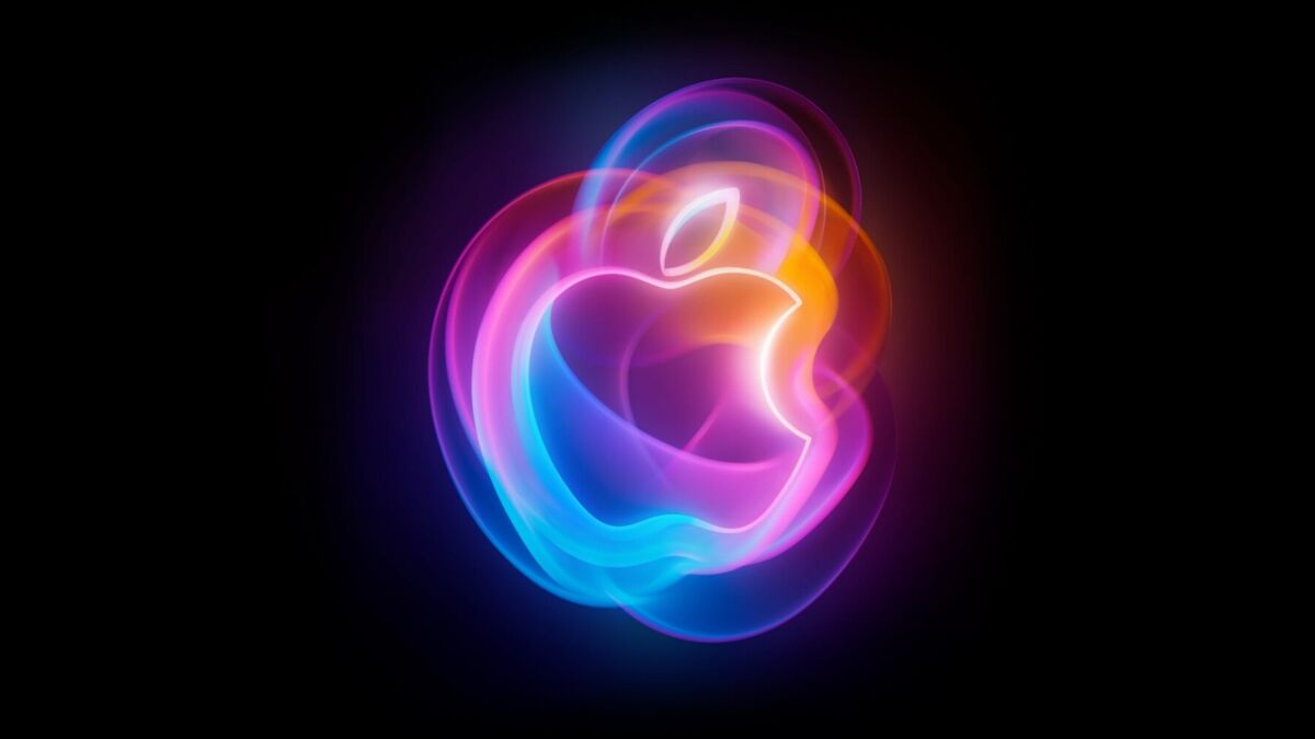 Неоновый логотип Apple с разноцветной подсветкой на ивенте Glowtime