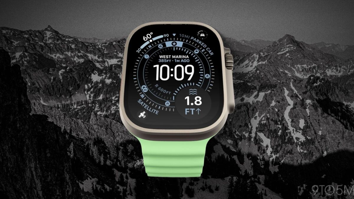 Расширенный дисплей Apple Watch Ultra 4 с интерфейсом часов на фоне гор
