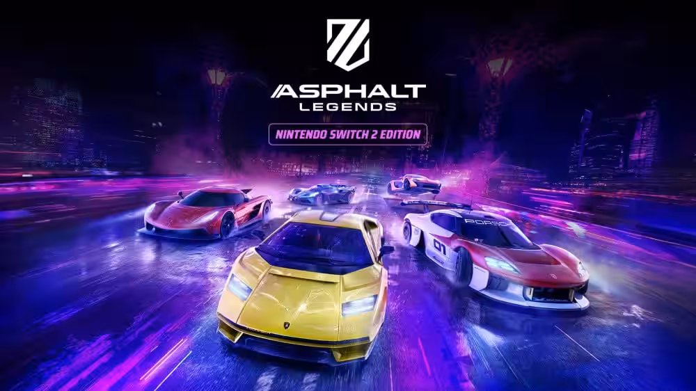 Гоночные автомобили Asphalt Legends на фоне ночного города для Nintendo Switch 2