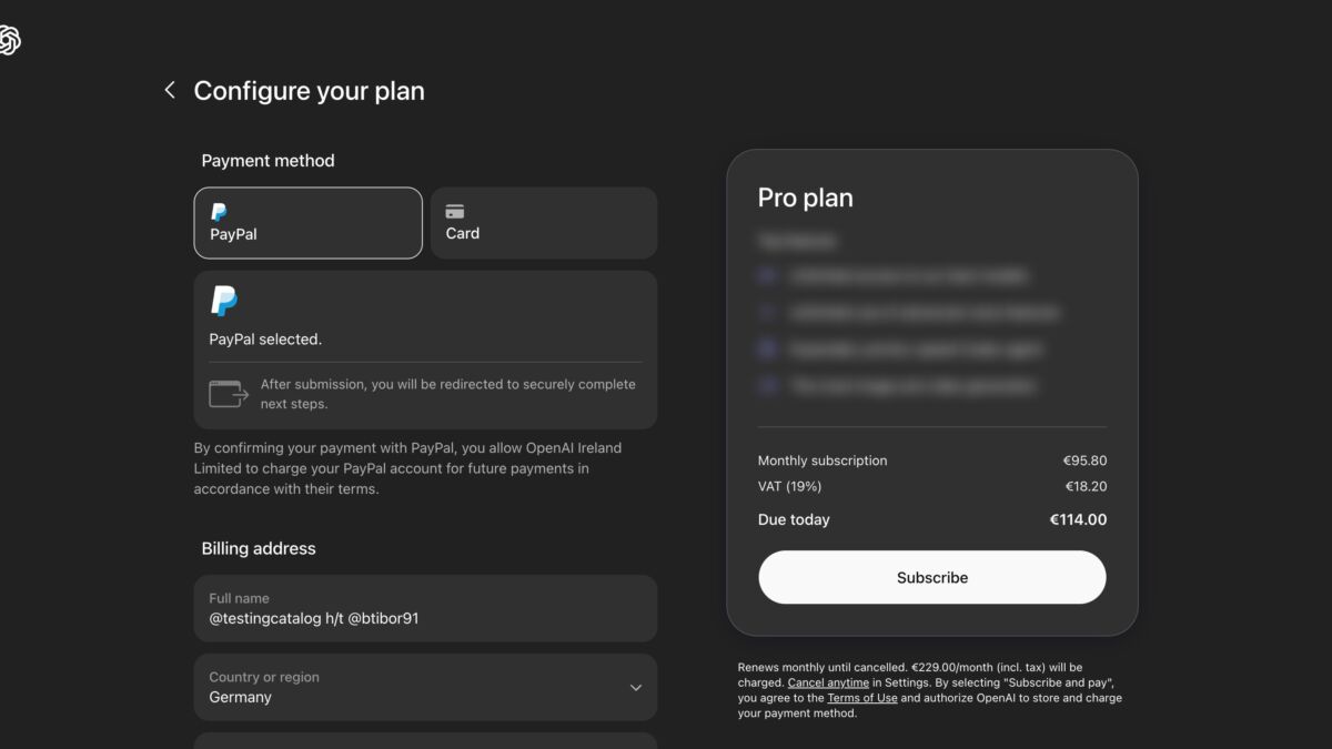 Экран настройки подписки ChatGPT Pro Lite с выбором платежных методов и адресом выставления счетов