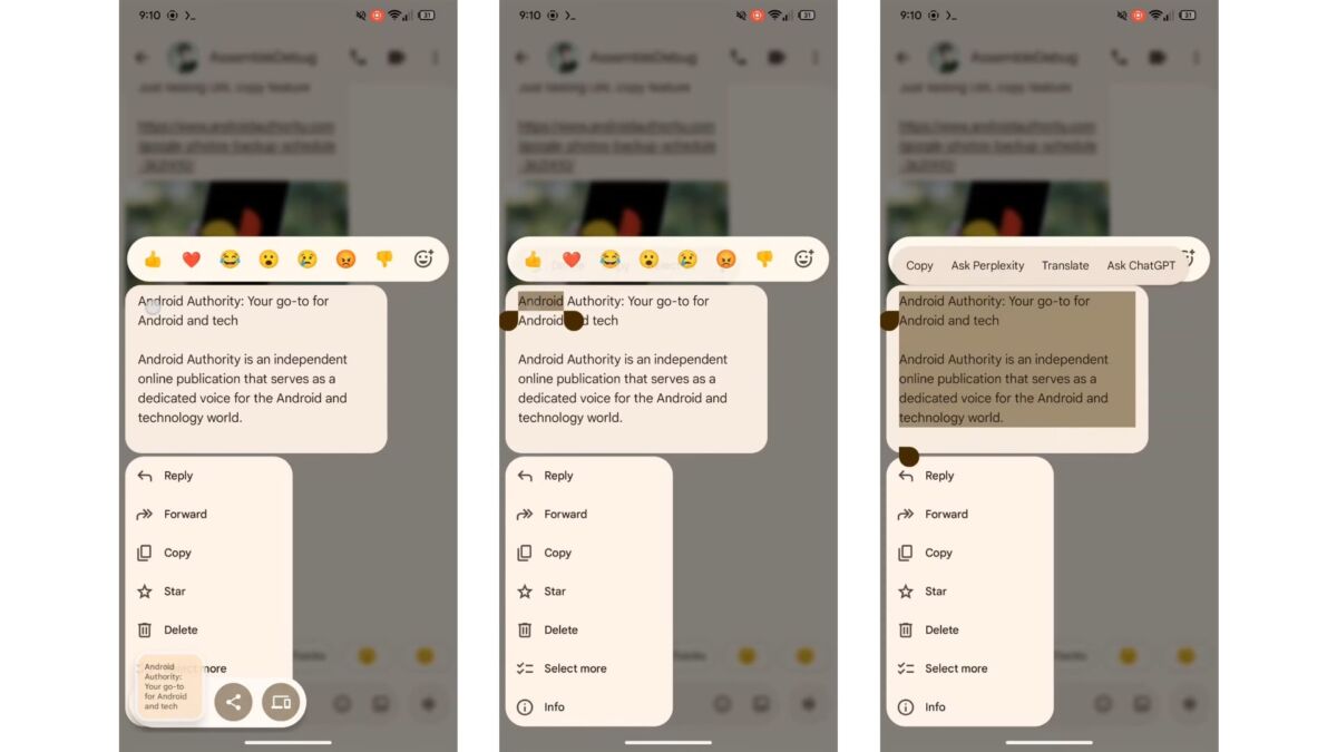 Экран Google Messages на телефоне Galaxy с меню выбора части текста