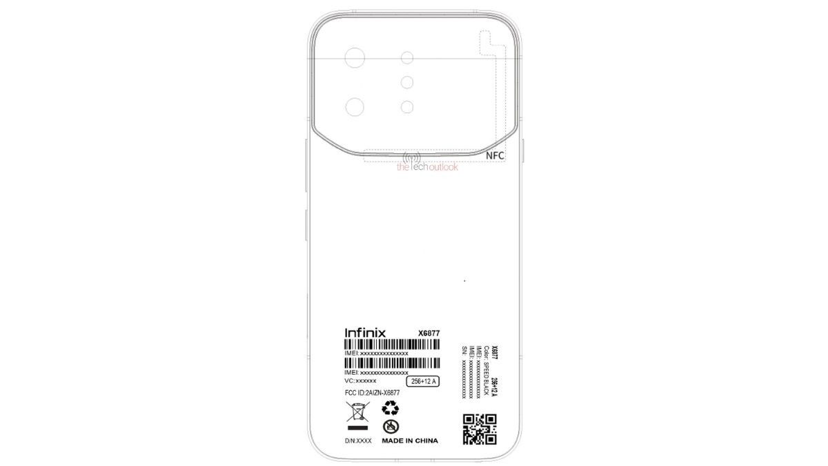 Схема задней панели Infinix Note 60 Ultra: разметка камер, NFC и маркировки для FCC
