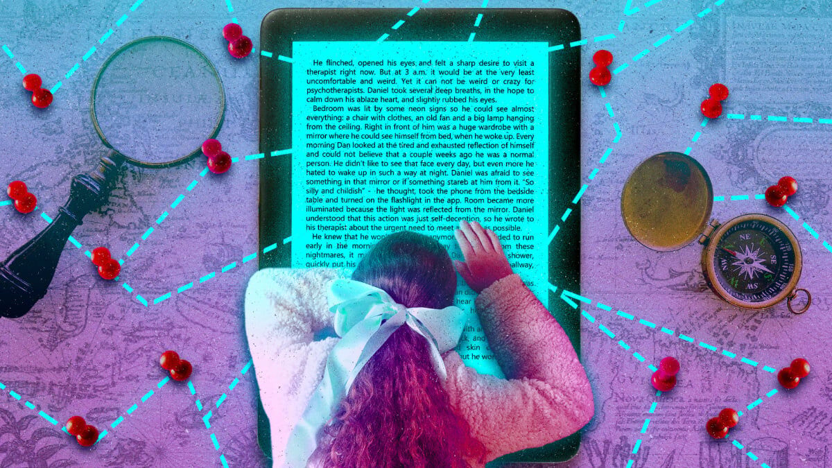Открытая электронная книга Amazon Kindle на столе, роман в ночном чтении на фоне промо Stuff Your Kindle Day