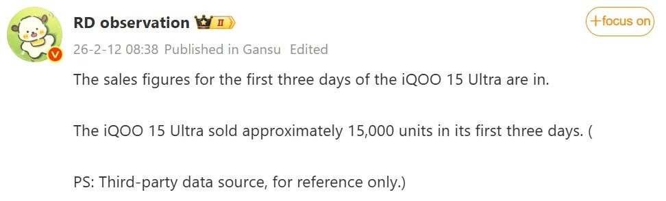 Общие сведения о продажах iQOO 15 Ultra за три дня