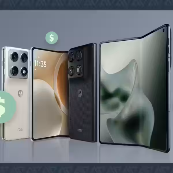 motorola razr fold phones standing open and closed surrounded by floating green dollar signs