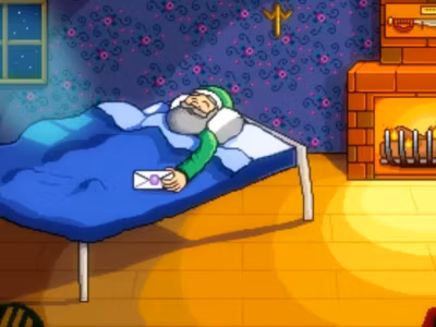 Старик с серой бородой в полосатом ночном костюме у камина в Stardew Valley