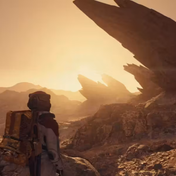 Starfield на PlayStation 5: астронавт на поверхности Марса в космическом пейзаже