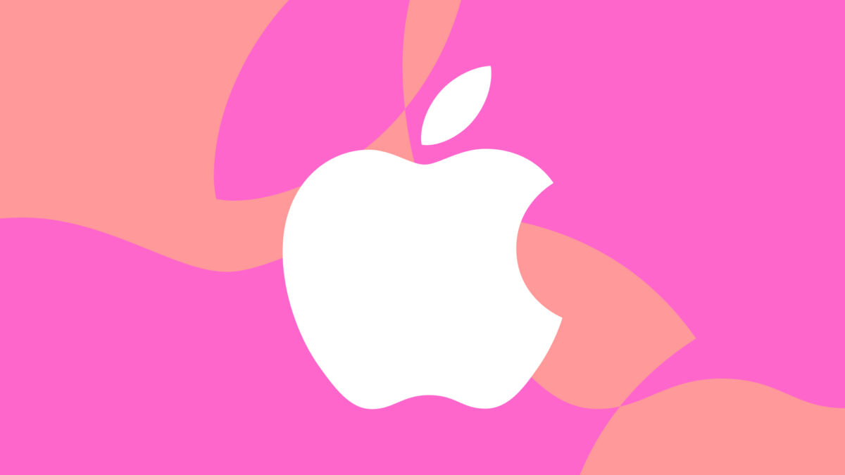 Белый логотип Apple на ярком розовом и оранжевом фоне