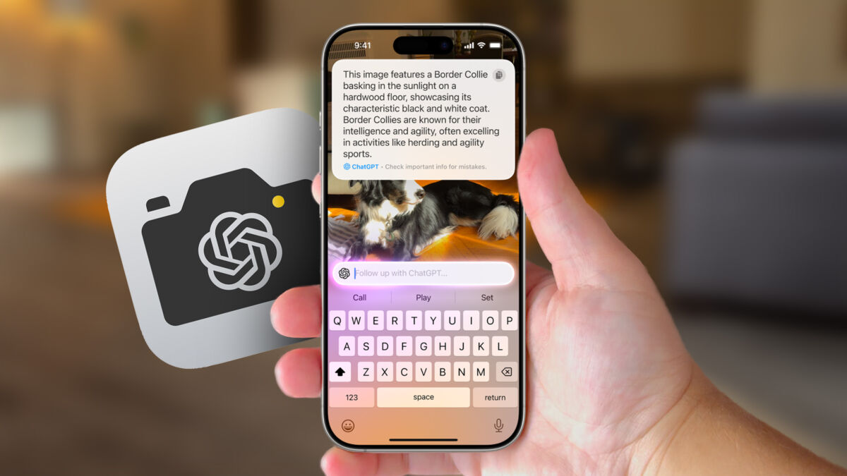iPhone с интерфейсом Visual Intelligence и подсветкой клавиатуры, взаимодействие с ChatGPT