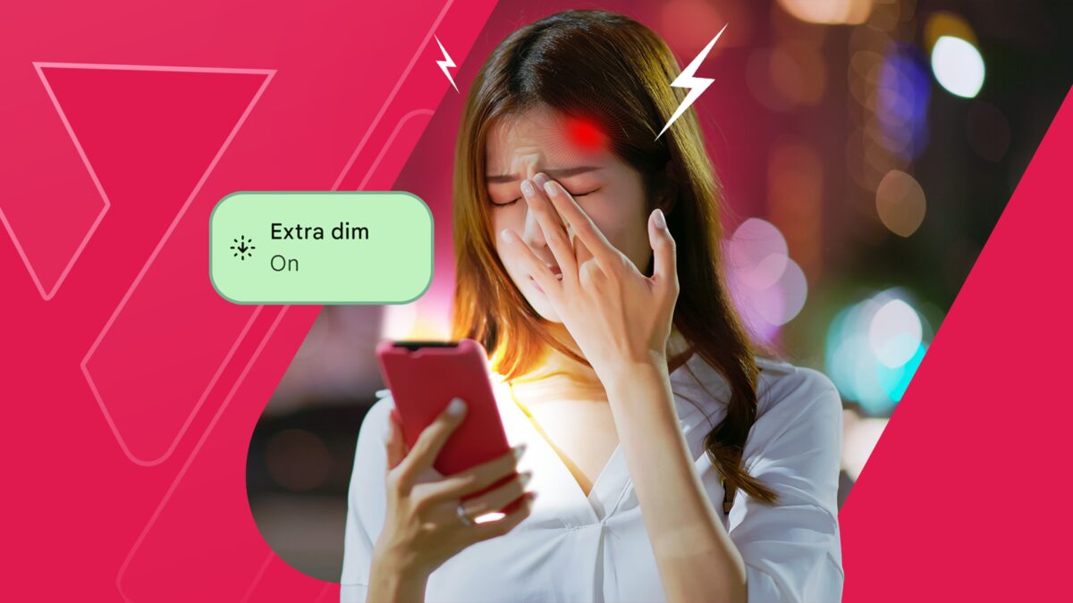 Женщина с мигренью смотрит на смартфон Android с включенной зеленой опцией Extra Dim