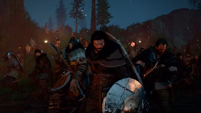 Боевые герои с щитами и мечами из Crimson Desert сражаются в лесу