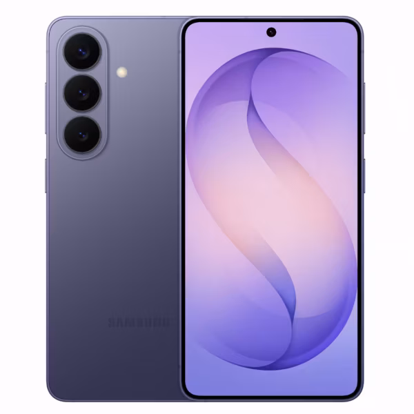 Samsung Galaxy S26 в фиолетовом цвете: передняя и задняя панели с тремя камерами