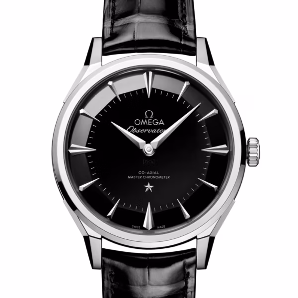 Часы Omega Constellation с черным циферблатом и кожаным ремешком