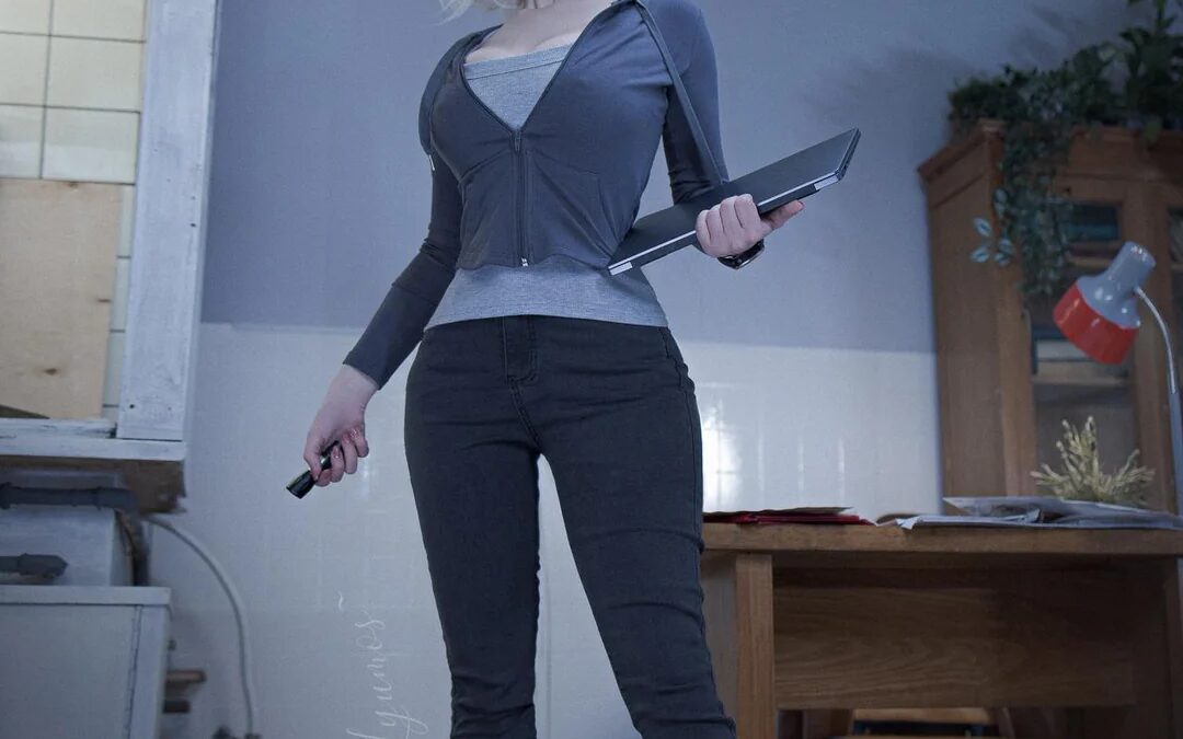 Девушка в косплей костюме Грейс из Resident Evil Requiem держит ноутбук и пульсометр