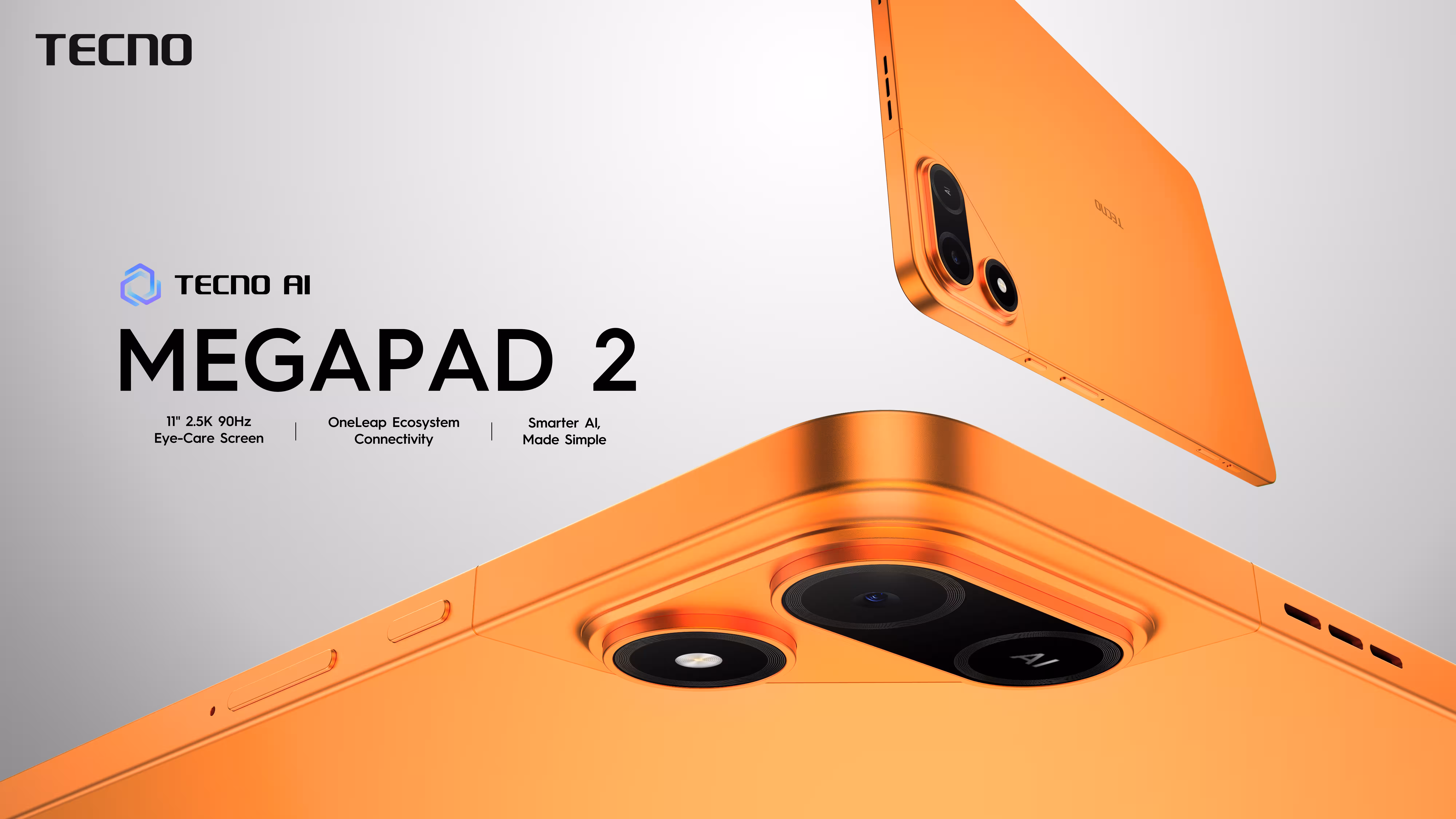 Оранжевый смартфон Tecno MegPad 2 с двумя камерами и задним глазком AI