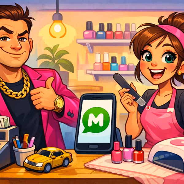 Мужчина и женщина в салоне красоты используют мессенджер Max для бизнес-общения