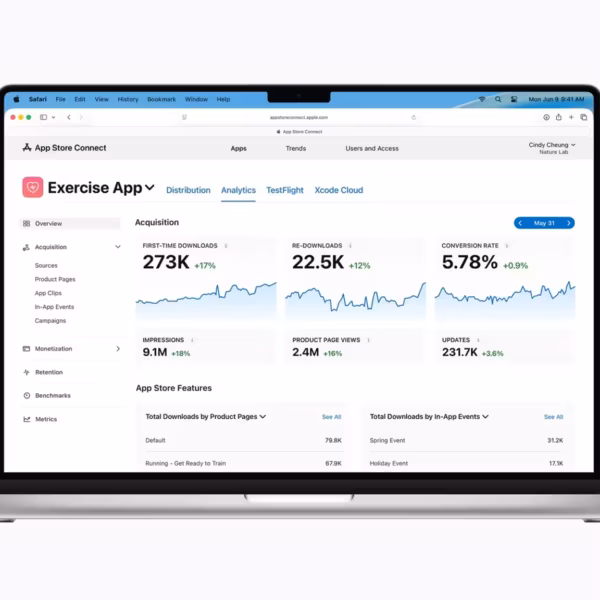Экран App Store Connect с новыми 100 метриками аналитики для Exercise App от Apple