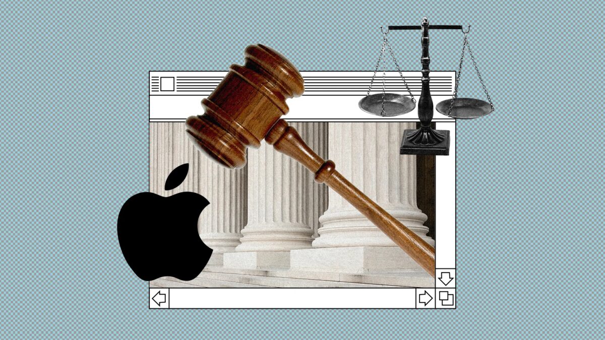 Молоток судебного решения и логотип Apple на фоне колонн судебного зала
